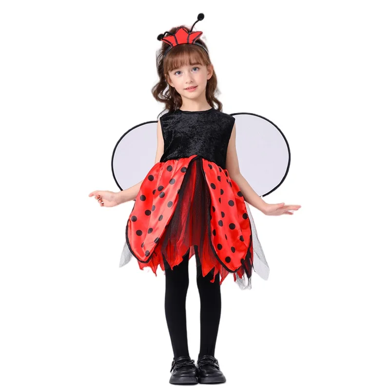 Cosplay Costume Kids Girls Dress Halloween Dress Outfit Animal Tutu Skirt Outfit 2025 Animal Costume for Girls Sleeveless Round Neck Dress + Wing + Headband Bee Ladybug Outfit 4T-10T