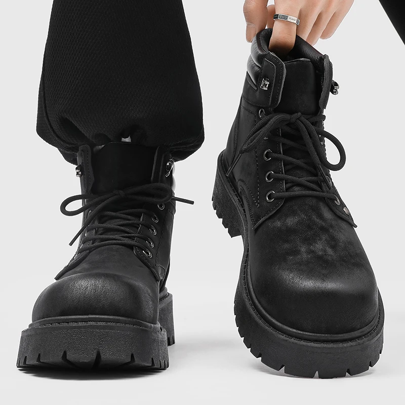 Men's  Boots High Top Thick Bottom Heightening Retro Workwear Casual Trendy Shoes British Style round Toe Rubber Outsole - 2