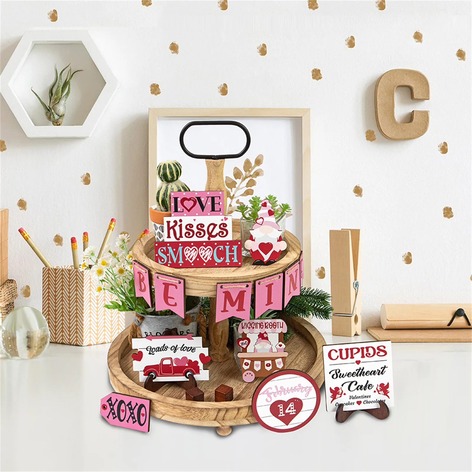 

Деревянный поднос в несколько рядов, 1 комплект, украшения для Дня Святого Валентина, рустикальные украшения для дома, поделки, искусственное украшение