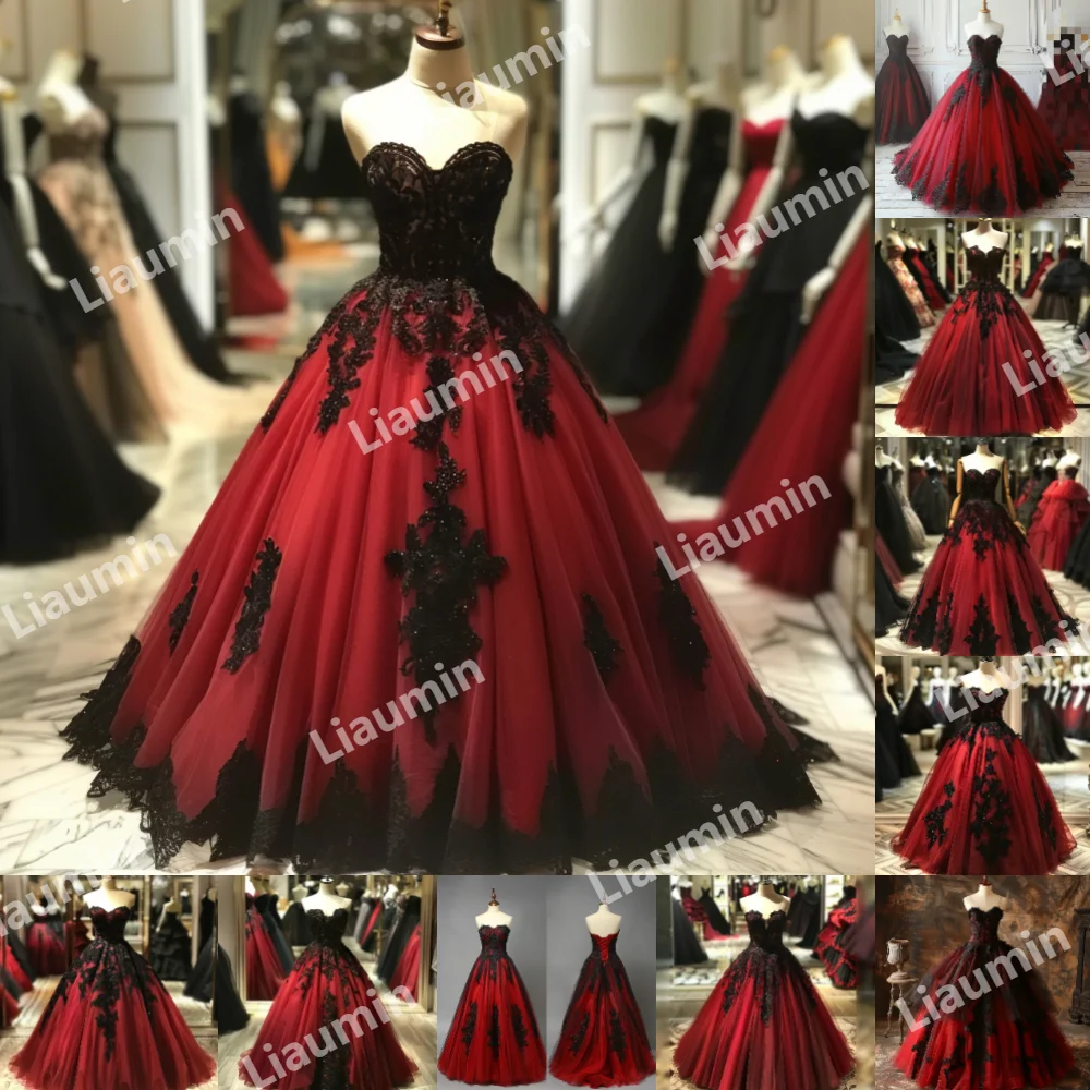 

Изготовленное на заказ красное Тюлевое черное кружевное бальное платье без бретелек с аппликацией вечерние платья до пола для выпускного вечера вечерняя Юбка со шнуровкой на спине