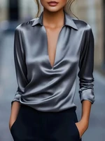Women's Elegant Dressy Satin Work Shirt Plain Modern Casual Long Sleeve Shirt Collar Regular Tops - Image 4