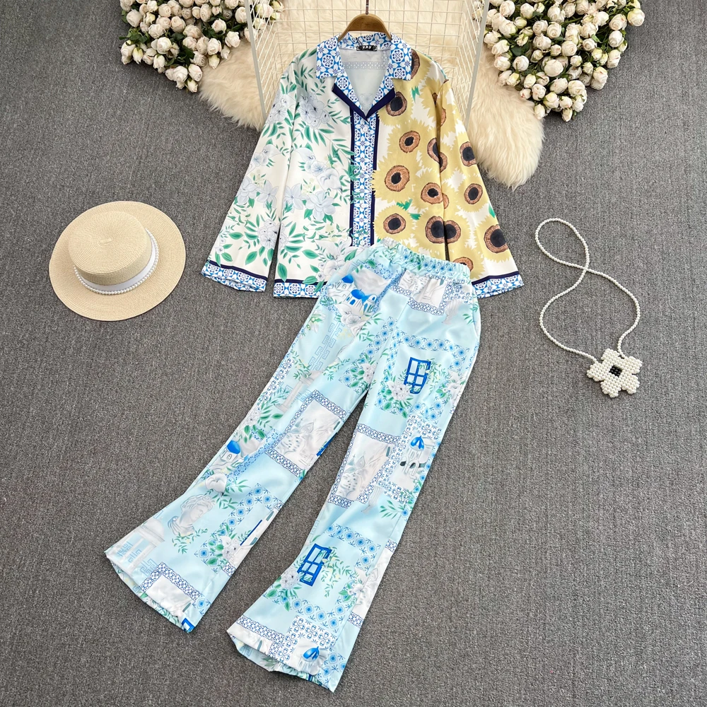 

Fashion Lazy Sunflower Print Stitching Long Sleeve Shirt High Waist Thin Wide Leg Trousers Two-piece Suit
