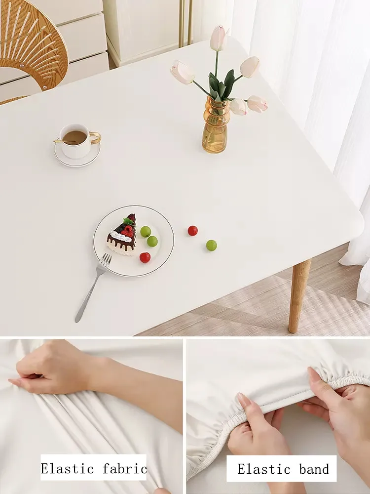 Solid Color PU Fabric Table Cover Fixable Elastic Tablecloth Waterproof Round Square Table Cloth Custom Table Protector 5