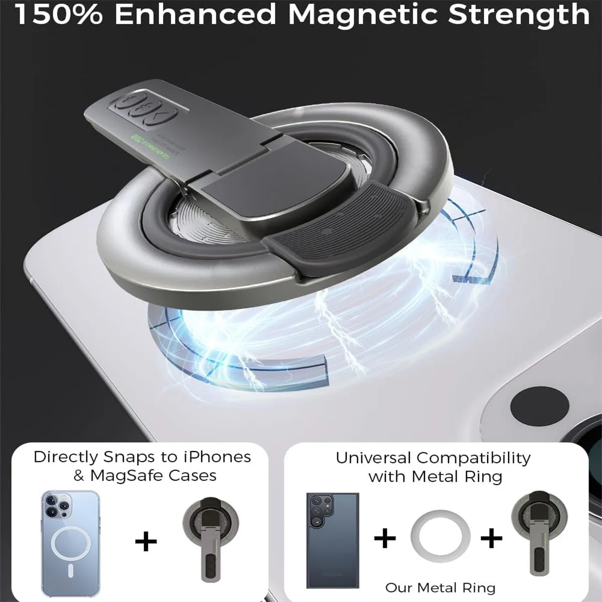 Magsafe-Compatible 360° Rotating Phone Grip & Kickstand with Pressure-Relief Silicone Finger Ring