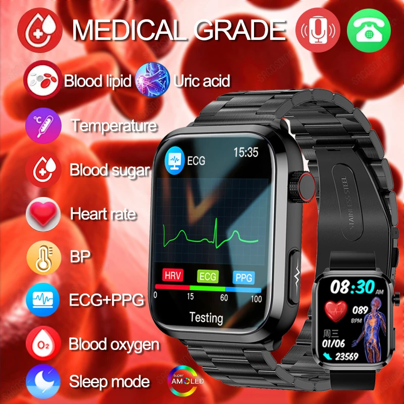 

2023New Medical Grade Smart Watch Blood Sugar Blood Lipid Uric Acid ECG+PPG Body Temperature HD Bluetooth Call Health Smartwatch