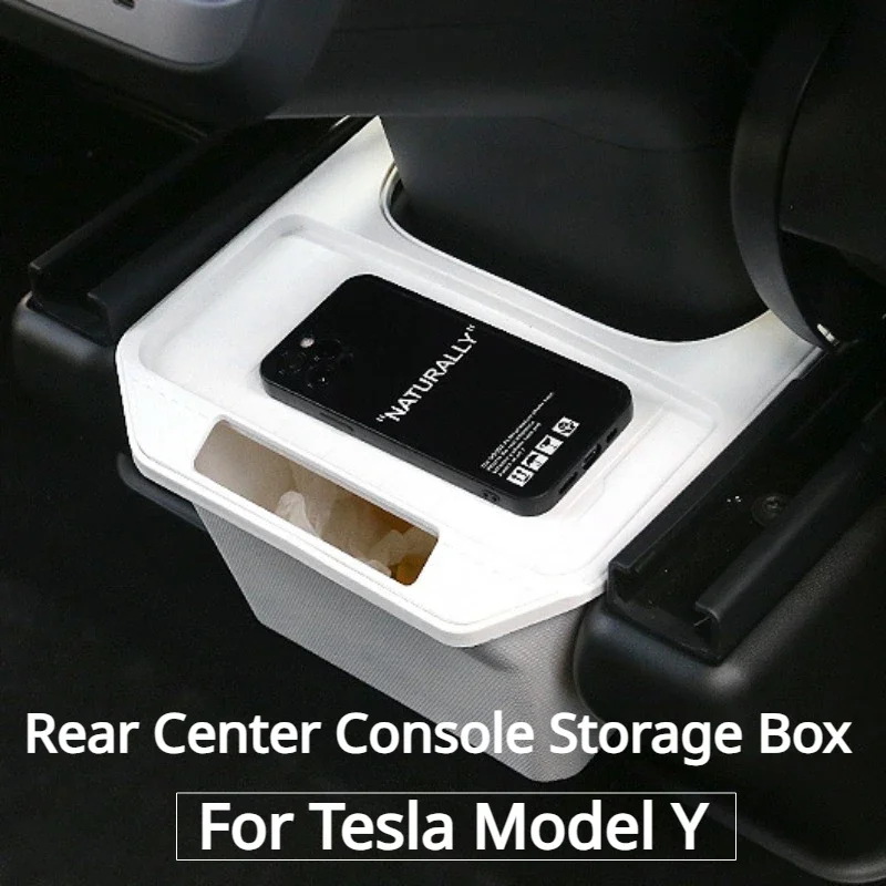 For Tesla Model Y TPE Storage Box Rear Center Console Organizer Box with Cover Trash Under Seat Car Interior Accessories 2023