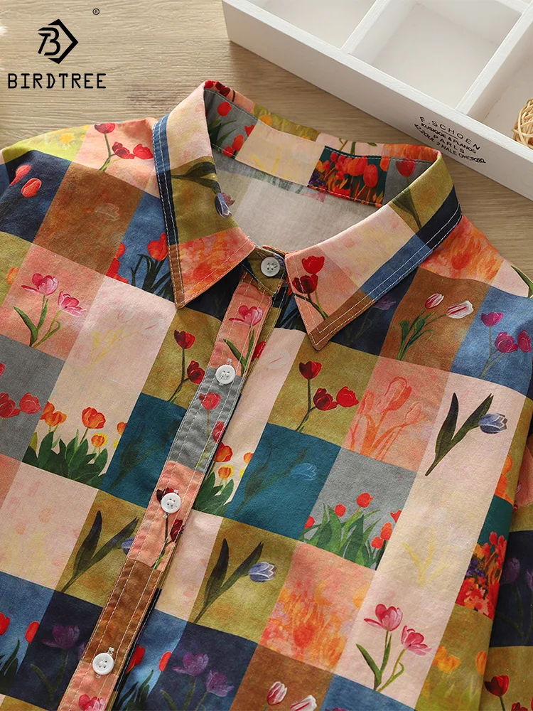 Women Summer Artsy Turn Down Collar 100 Cotton Shirt