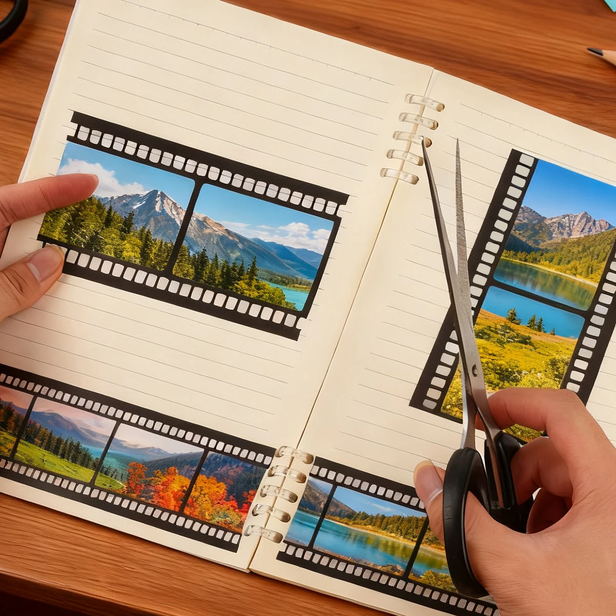 레트로 필름 테마 흑백 카메라 필름 와시 테이프 추억 영화 릴 스티커 스크랩북 마스킹 테이프 포토 앨범용