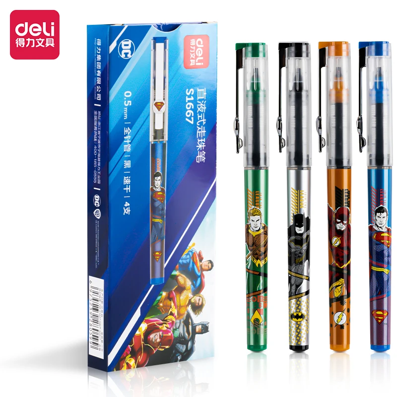 4Pcs DELI A668 Justice League DC 0.5mm Straight Liquid Pens Black Ink Neutral Pens Full Needle Tube  School Student Supplies St