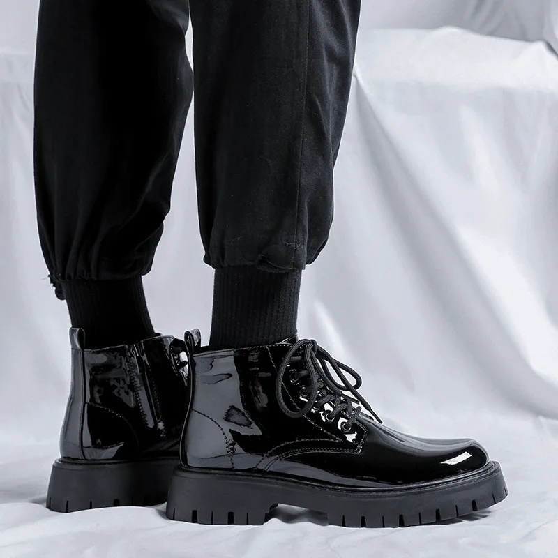 Botas de charol de lujo para hombre, zapatos de plataforma a la moda, color  negro, para fiesta, banquete, Vestido vaquero, botines cortos - AliExpress