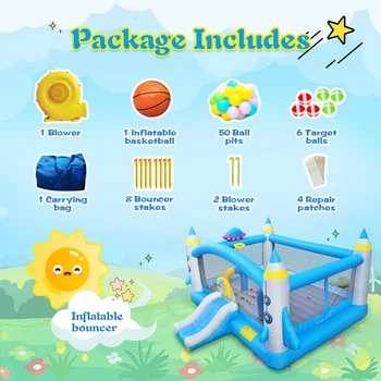 Kids Inflatable Bounce House With Long Slide Bouncing Area Basketball Hoop Heavy Duty Oxford Fabric Family Backyard Bouncy Castl 4