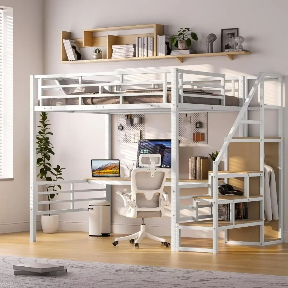 Full Size Loft Bed, Desk & Storage Stairs, Versatile High Loft Bed, No Box Spring Needed, Metal Loft Bed Frame Kids Bed 3