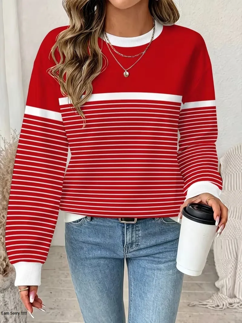 Women's Long Sleeved Round Neck Daily Casual Versatile Pullover Tops 3D Striped Splicing Regular Sweatshirt