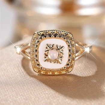 White Round Stone Cute Small Flower Rings For Women Vintage Gold Color Engagement Promise Ring Wedding Bands Jewelry Bridal Gift