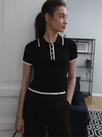 Knit Sweater Pullover Women Short Sleeve Patchwork Slim Lapel Elegant Contrast Knitwear Top Female Skinny Ribbed Pullover - Image 5