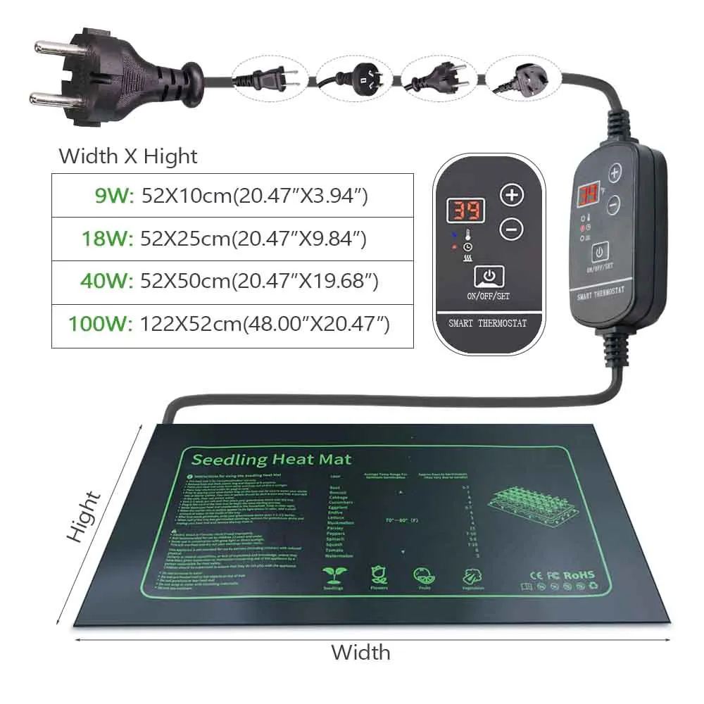 7-100W Plants Heating Pad with 16℃ to 40℃ Adjustable Thermostat Indoor Garden Grow Seedling Nursery Waterproof Reptile Heat Mat
