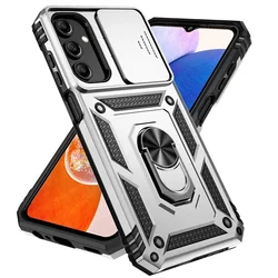 Military Grade Slide Camera Lens Armor Phone Case with Holder Ring Stand Cover for Samsung A55 5G (Silver)