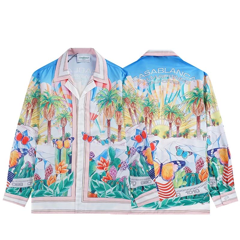 

Casablanca Butterfly Full Print Shirts Harajuku Hawaiian Style Print Sport Fitting Men Women Casual Blue Mens Shirts