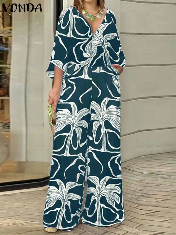 

VONDA Women Elegant Jumpsuits 2024 Autumn Sexy V-neck Wide Leg Pants 3/4 Sleeve Elegant Party Trousers Vintage Rompers