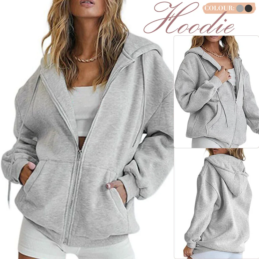 

New Front Open Hoodies with Pocket Thick Zipper Sweatshirt Drawstring Hood Loose Baggy for Women Girls Long Sleeve Short Coat