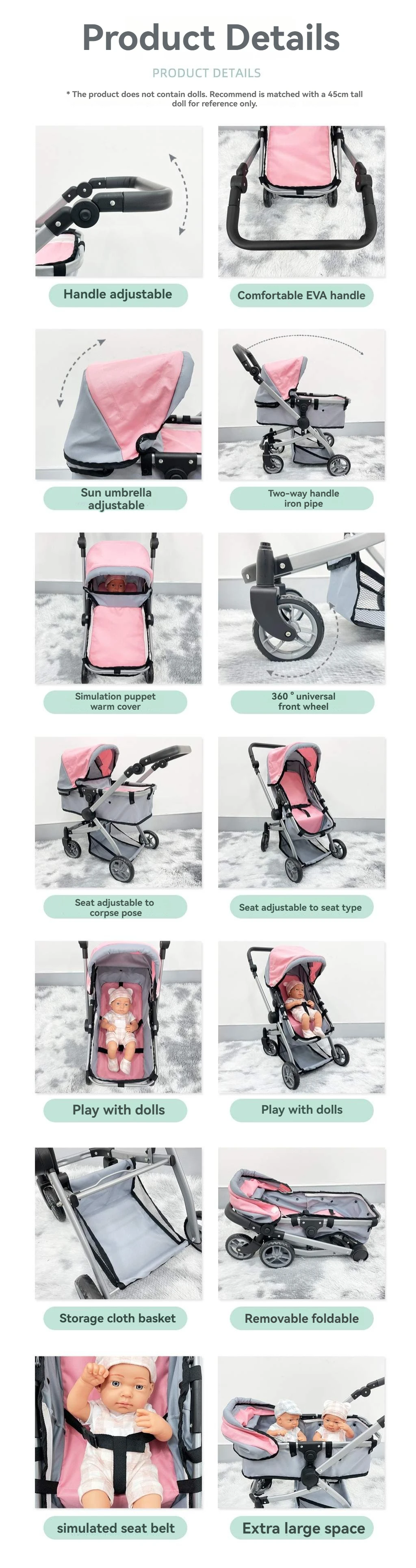 Konvertierbarer Trendiger Puppenwagen für Babypuppen Kinderwagen für Mädchen mit Verstellbarem Griff Verdeck Aufbewahrungskorb Geschenk für Kinder Jungen – Detail 1