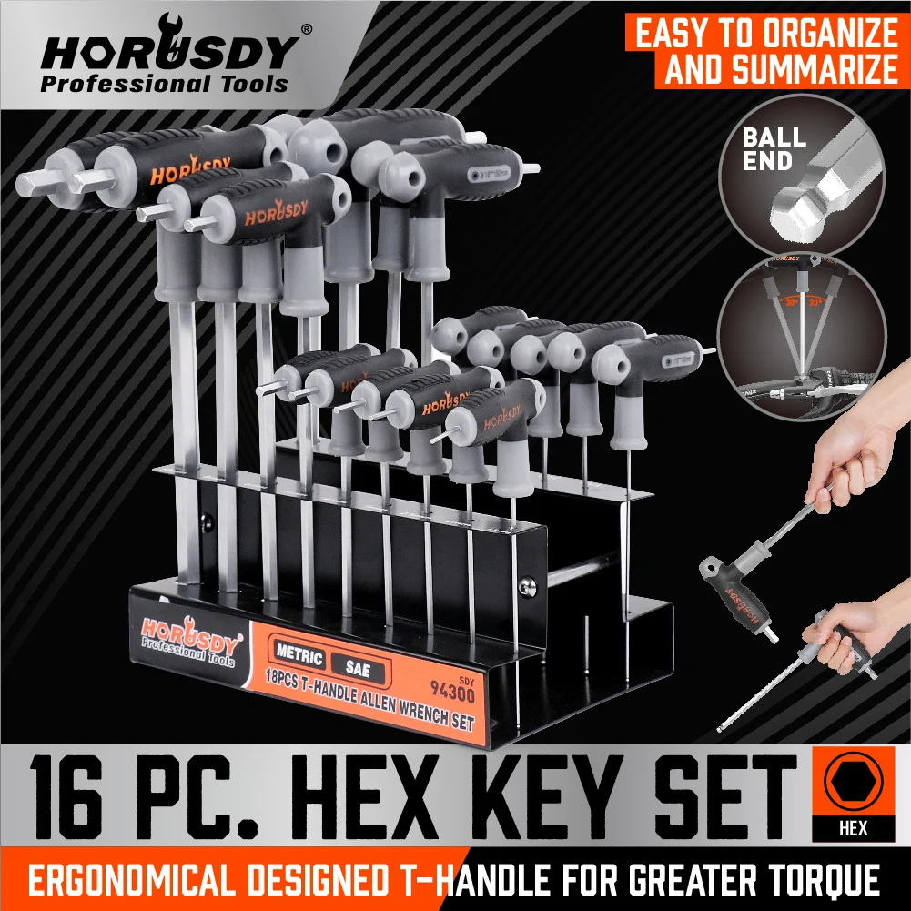 HORUSDY 18Pc SAE & Metric T Handle Allen Wrench Ball End Hex Key Set w/Storage Stand