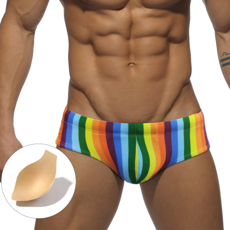 

2023 Rainbow Stripes Men's Swimwear Bikini Swim Briefs Sexy Push Up Pad Man Swimsuit Men Swimming Trunk Short Surf Bath Suit