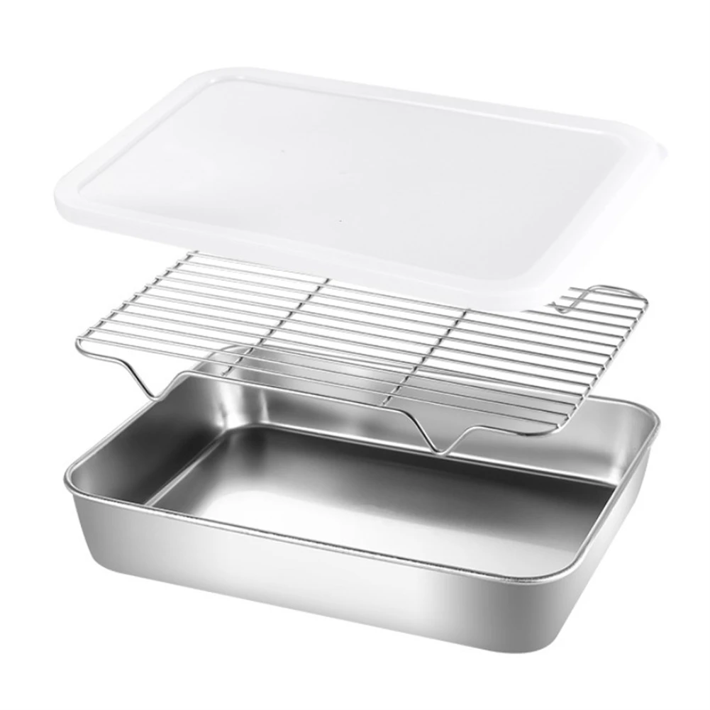

Stainless Steel Baking Pan Set Tray With Wire Rack Cover Cake Baking BBQ Pan Tray Plate Oven Cooking Roasting Storage Tool
