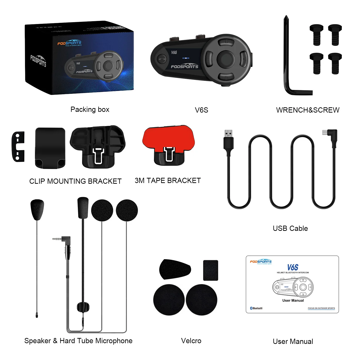 Fodsports V6S Intercom Motorcycle Headset for 6 Rider FM Bluetooth