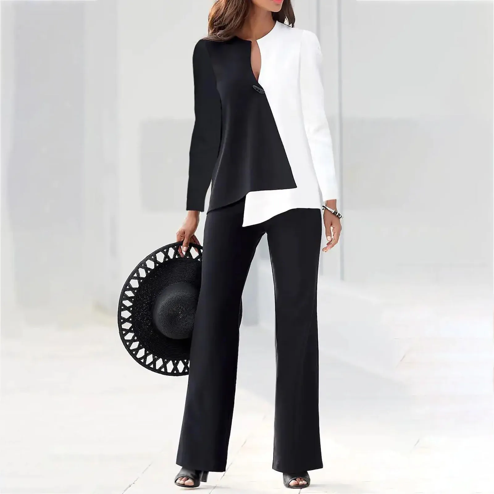 Office Lady 2 Piece Outfits Casual Long Sleeve Colorblock Top Loose Wide Leg Pants Trousers Women 2 Piece Set Suit Korean Style