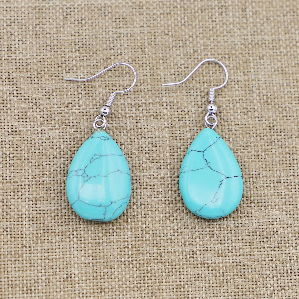 Natural Ethnic Style Turquoise Earrings Retro Elegant Temperament Flat Water Drop Pendant Women's Fashion Jewelry Wholesale5pair