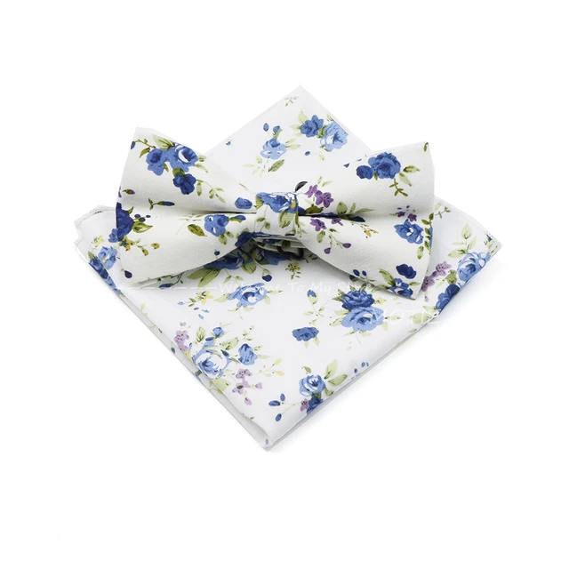 Men's Cotton Flower Bowtie handkerchief Set White Butterfly Bowties Pocket Square For Wedding Party Suit Dress Accessories Gifts