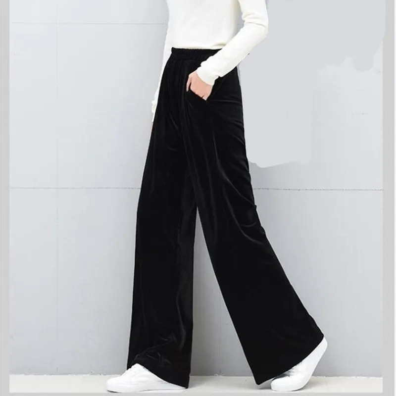 Fashion 2024 Winter women long velvet pants,Black Green loose casual  staight wide leg velour pants, velvet Trousers - AliExpress