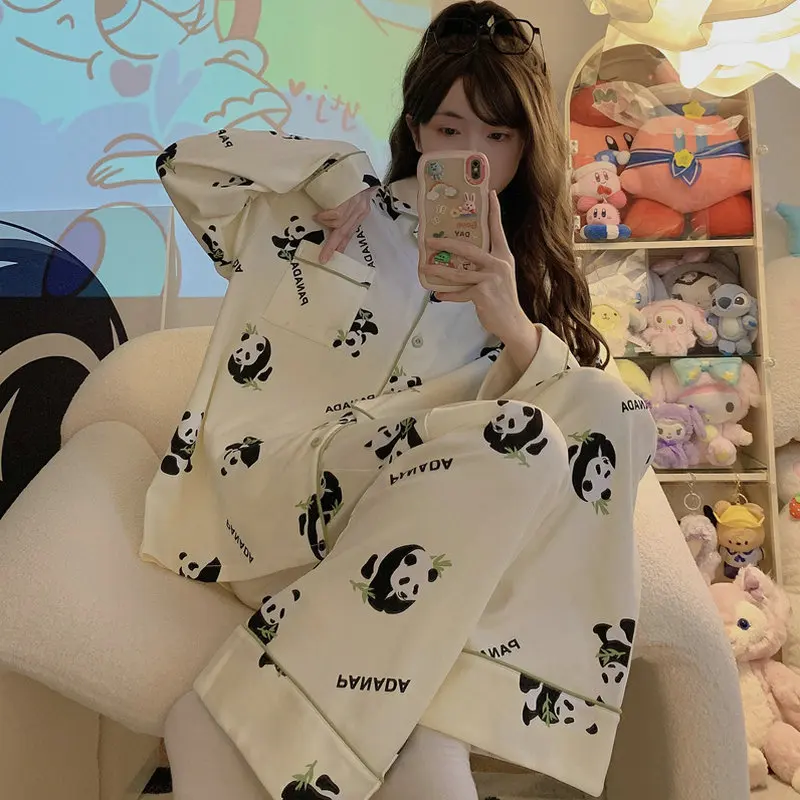 

Panda pajamas pajama pants women's spring and autumn pure cotton fabric student girl long sleeves cute cartoon loungewear