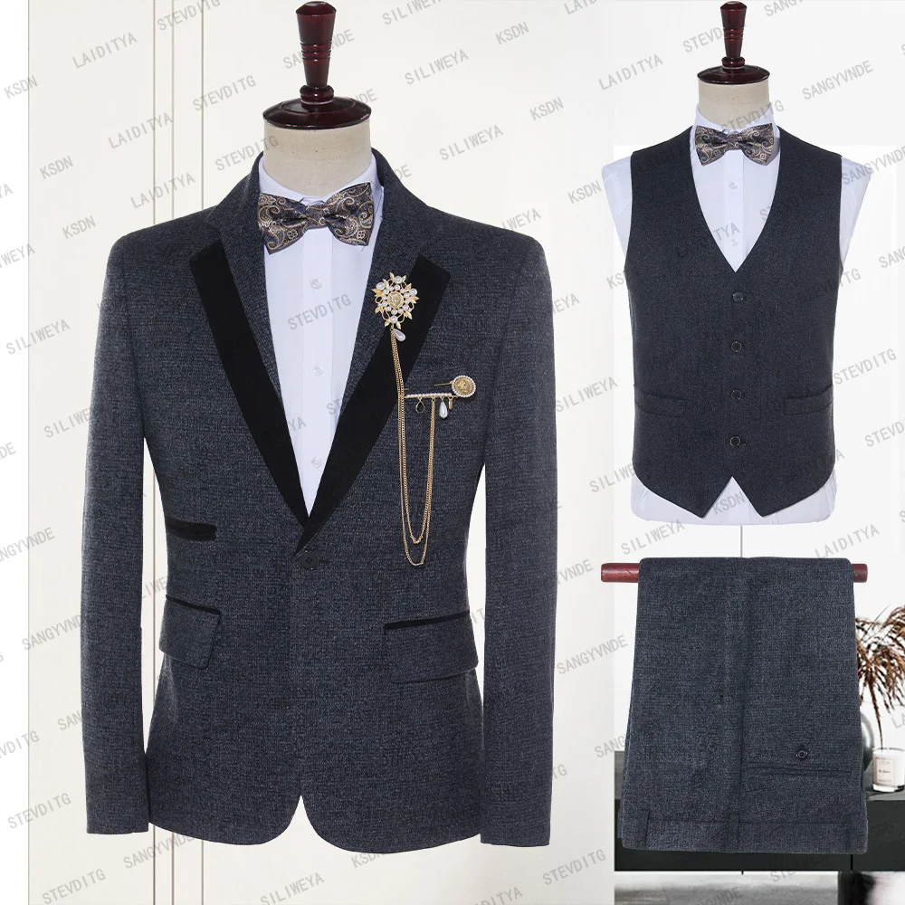 

2023 New Solid Color Men's Clothing Fashion Business Office Daily Wedding Groom Suits Notch Lapel Chic Male Blazer Slim Fit 3 Pc