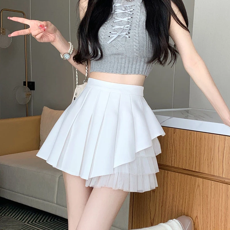 Mesh Women's 2024 Summer Spicy Girl Patchwork Fashionable Solid Color High Waist Slimming and Comfortable A-line Pleated Skirt