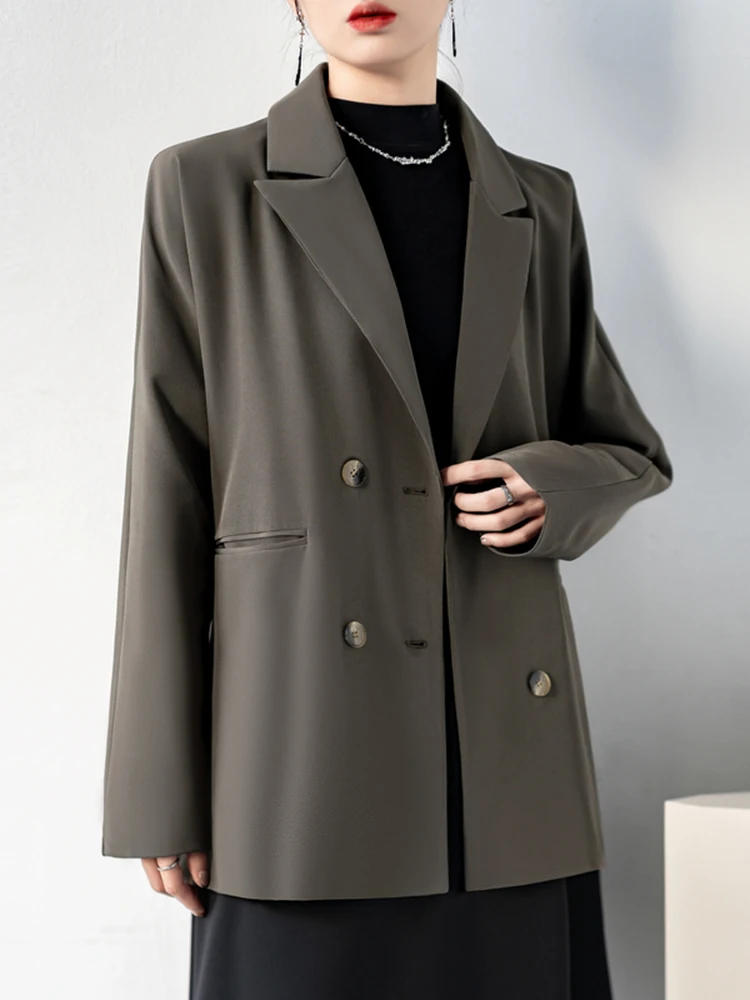 QOERLIN Senior Grey Suit Jacket Women New Chic Casual Temperament Suit Tops Nothced Collar Long Sleeve Jacket Coat Office Ladies