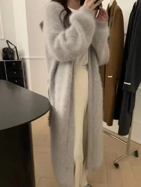 Fluffy Mink Cashmere Sweater  Autumn New Sable Long Cardigan with Belt Women's Sweater Loose Knitted Coat FB1029 2