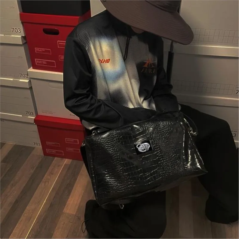 Harajuku Retro Black Unisex Tote Bag Men Faux Crocodile Pattern Large Capacity Leather Shoulder Bags Women Casual Crossbody Bag