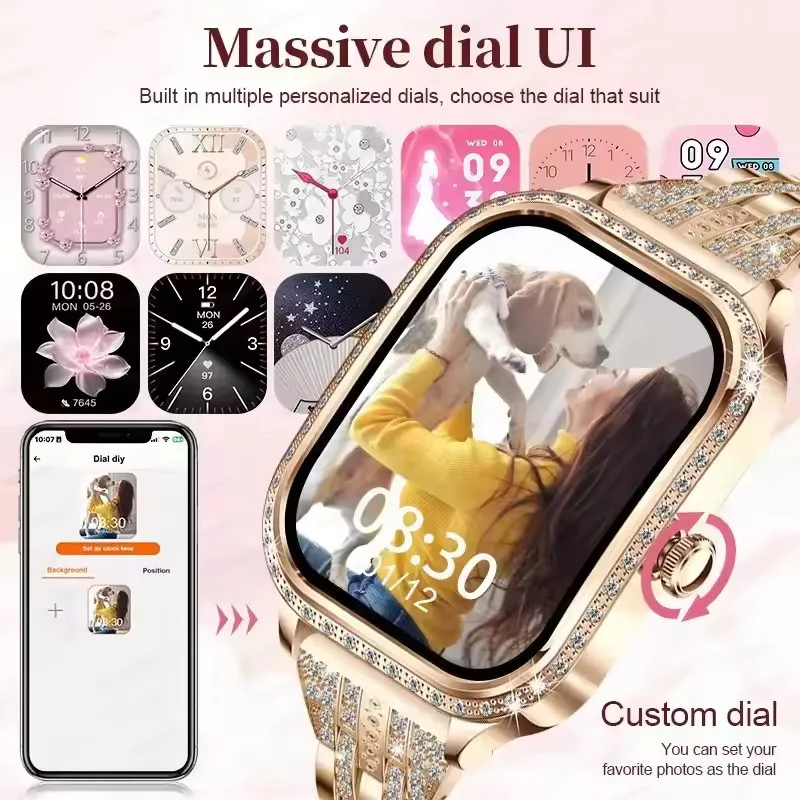 1.75-inch HD Curved Screen Fashion Smart Watch Women Golden steel Bluetooth Call Health Monitoring IP68 Waterproof Sports Watch 6
