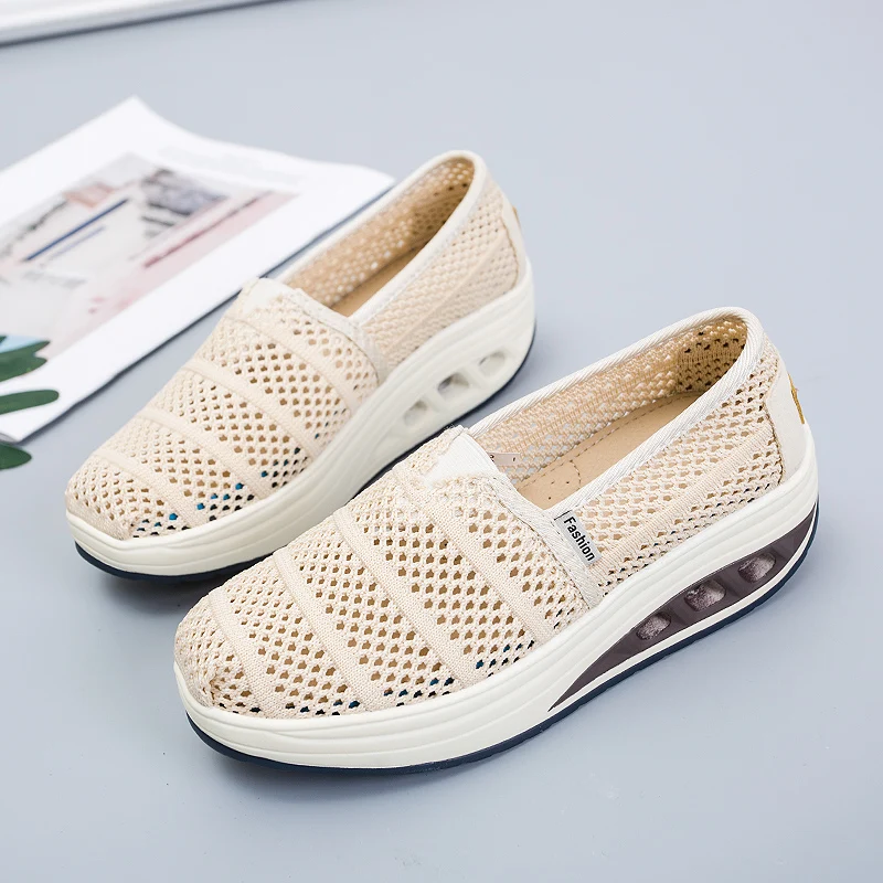 Platform Jigger Shoes Air Cushion Slip-on Breathable Casual Sports Shoes Net Face Body Shaping sports shoes kangaroo jump shoes toning shoes