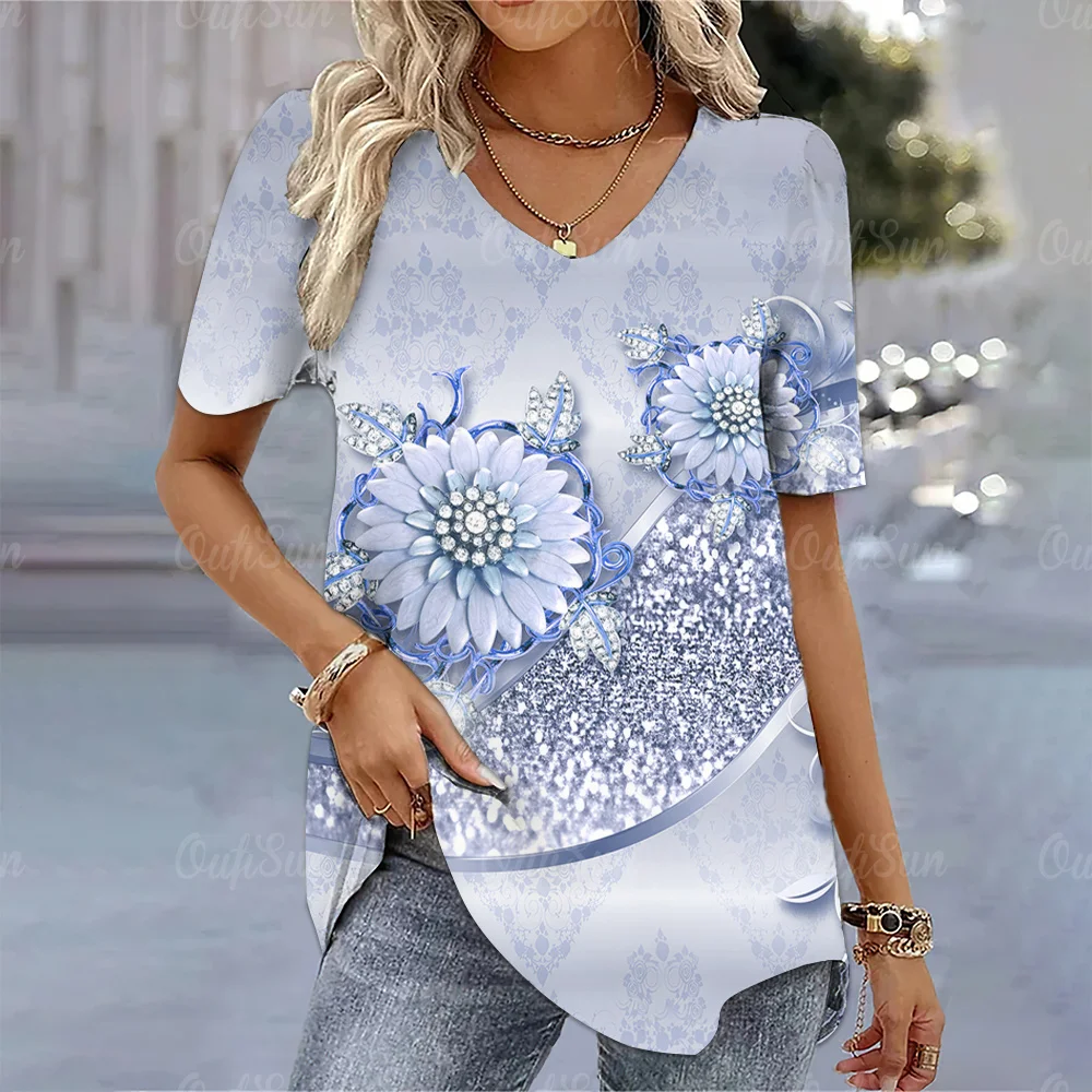 

Luxury Women's T-Shirt Floral Graphic V-Neck Short Sleeve Tops Summer Oversized Ladies Clothing Female Fashion Harajuku Blouse