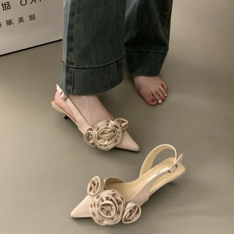 New Woman 2024 Trend Sandals High Heeled Sweet Rose Closed Toe Footwear Summer Slingback Pointed Fashion Dress Ladies Shoes