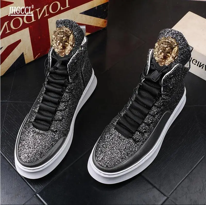 

New designer sequined loafers fashion golden sneakers lace-up loafers men's ankle boots platform soled daily luxury Boots A2