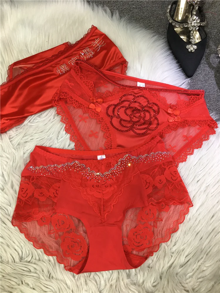 Fashionable Rhinestone Shorts New Red Underwear Women's Silk Satin All-Match Triangle Shorts Four Seasons Women's Shorts
