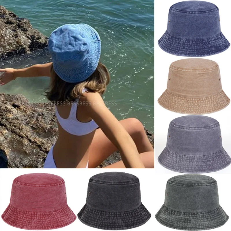 2022 New Solid Cotton Washed Denim Bucket Hats Unisex Folding Fisherman Wide Brim Hat Caps Hip Hop Men Women Panama Bucket Cap