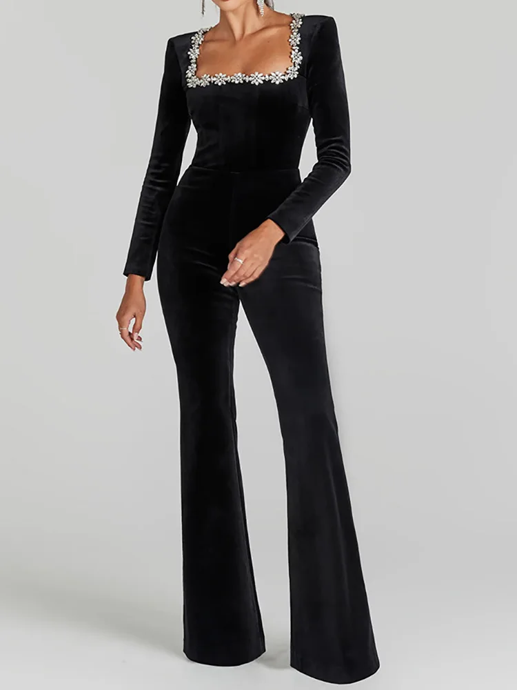 Women Spring Holiday Slim Fit Long Sleeve Velvet Jumpsuits Solid Square Collar Elegant Flare Pants Casual Ladies Playsuits 2025 3