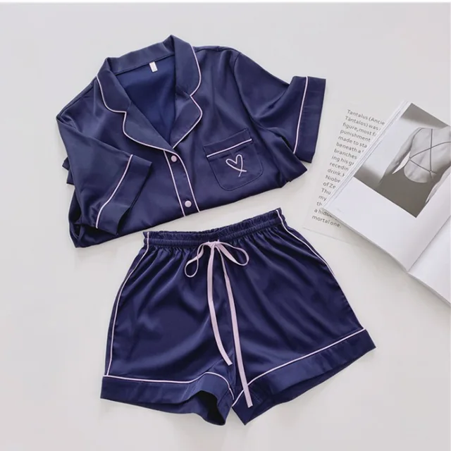 Silk Pajamas for Women Home Suit Heart Embroidered Pyjamas Pj Set Satin Nightwear Sleepwear 2020 Pijama Verano Mujer Navy