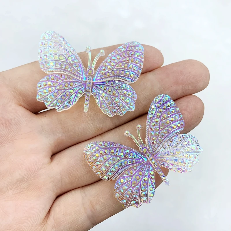 8pcs Resin 32*43mm Bling White AB Butterflies Flatback Rhinestone Ornaments DIY Wedding Appliques Craft W182