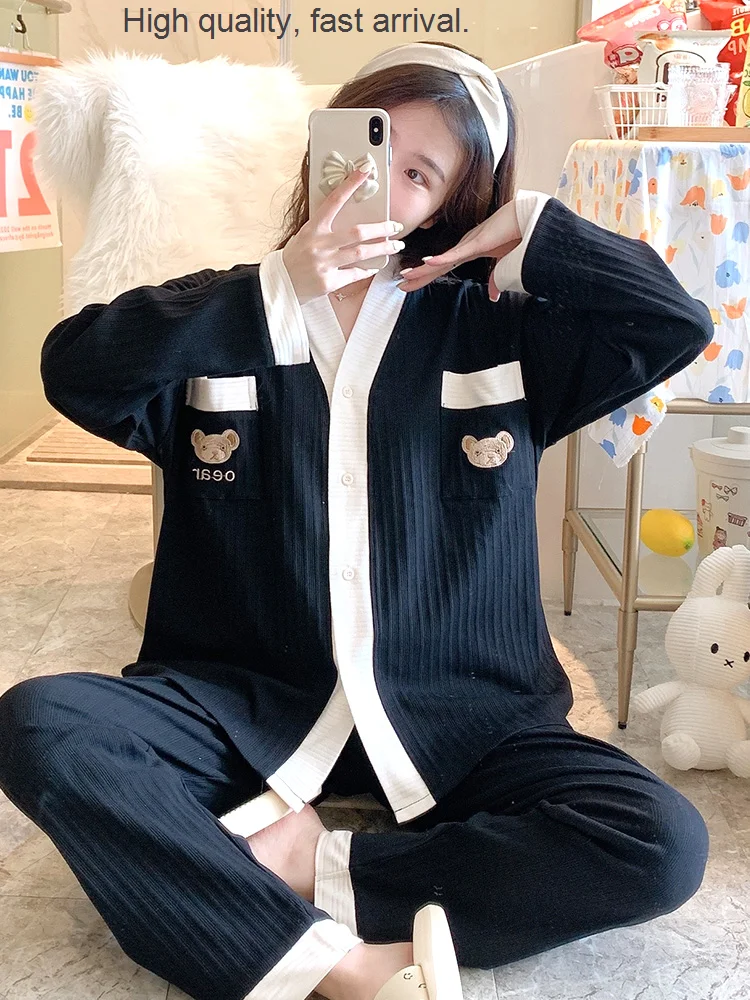 

Женская пижама размера плюс, милая и простая, весна/осень, лето 2023, новая хлопковая Повседневная Домашняя одежда с длинным рукавом, комплект из двух предметов